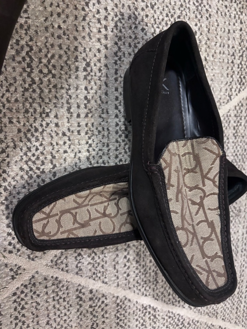 Calvin Klein Brown Suede Loafers with Beige Monogram Panel